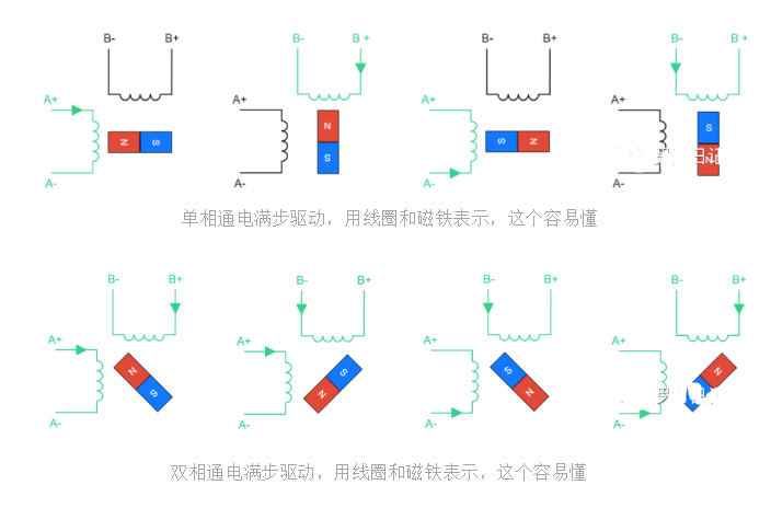 双相通电满步驱动，用线圈和磁铁表示，这个容易懂